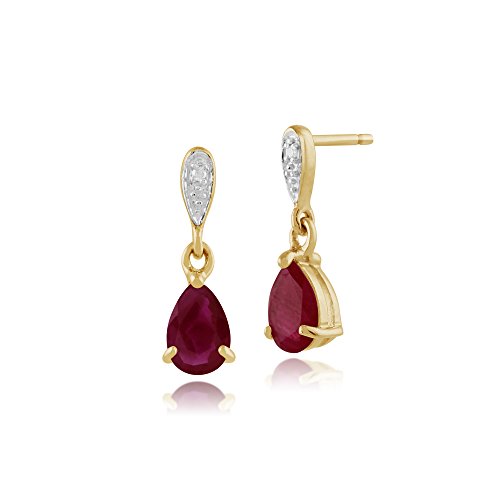 GemondoWomen 375 Gold 9ct Yellow Gold Pear Ruby Classic Drop Earrings Red With Diamond Accents