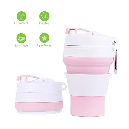 DEWEISN Tasse à Café Pliable avec Couvercle, Silicone Pliant Tasse Réutilisable Léger Sport Bouteille Mug Voyage Coupe Portable pour Bureau Camping Randonnée en Plein Air, sans BPA 350ml 12oz (Rose)