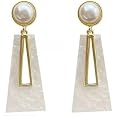 Handicraft Kottage Elegant Korean Style Pearl Drop Dangle Earrings Gold Plated Asymmetrical Statement Drop Earrings for Women