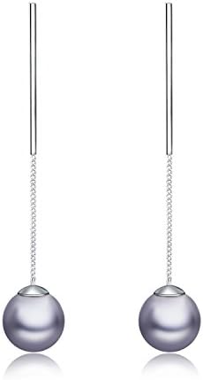 HERLINA Womens 12mm Shell Pearl Long Drop Earrings 18K Platinum-plated Jewelry (Grey)