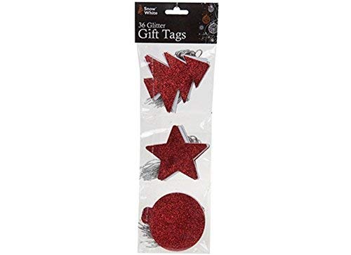 Diseño de Blancanieves y los 36 unidades rojo con purpurina etiquetas para regalos de Navidad, diseño de árbol de Navidad, estrella de bolas de forma