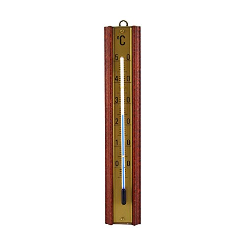 Mahagoni Holz Innen Thermometer 19 cm lang . Analog Holzthermometer aus Deutscher Herstellung . Innenthermometer Temperatur Anzeige -5 bis + 50 °C