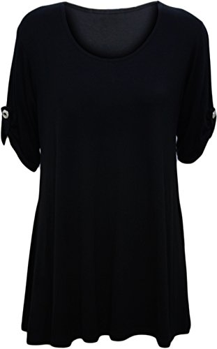 Womens Plus Size Scoop Neck Short Sleeve Flared Ladies Long Plain Top - Black - 18