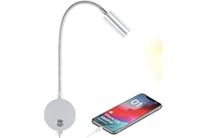 WisHomee Dimmable Wall Mounted Reading Light with USB Charging Port, LED Bedside Wall Lamp with Flexible Gooseneck, Brushed Nickel Finished(3W Warm White)