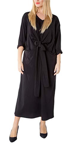 TERSE Plus Size T Shirt Dress for Women Summer Casual V Neck Long Sleeve Bow Tie Waist Maxi Dresses Black