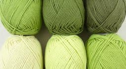 Packs with 6 x 25g balls of 100% Cotton in different colours of Green. Packs with 6 balls of 100% Merino Extrafine in different colours. enough for a shawl. free pattern