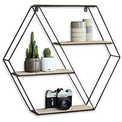 LIFA LIVING Etagere Murale Bois et Metal avec 3 Etageres, Bibliotheque Murale Design Hexagonale, Etagere de Rangement Murale Cuisine, Chambre et Salle de Bain, 58 x 51 x 11 cm