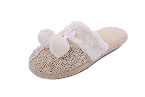 Airee Fairee Pantuflas para Mujer Zapatillas de Estar por casa de Mujer con Bordes del Tejido de Punto y Pompons Beis - M