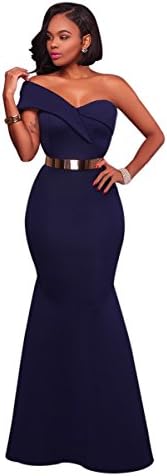 COSIVIA Womens One Shoulder Ponti Gown Maxi Evening Party Cocktail Sexy Dress ((US 8-10)M, Navy Blue)
