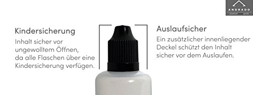 50ml Tropfflaschen (12-teilig) von ANDRADO – LDPE-Quetschflasche/Plastikflaschen + Trichter + Etiketten – universell als Liquid-Flasche – auslaufsicher, Kindersicherung - 4