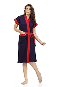 Elevanto Premium Collection Half Sleeve Terry Cotton Bathrobe-Free Size(Navy Blue Two Tone)