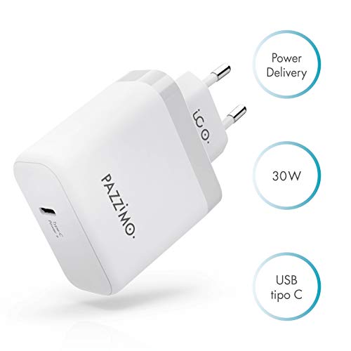 PAZZiMO Cargador USB Tipo C Blanco, Compacto y Ligero, Cargador rápido Power Delivery con 30W, Cargador para iPad Pro, Apple MacBook 2015 o MacBook Air 2018 y más
