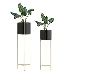 Weston Crafts Wrought Iron Plant Flower Pot Stand, Metal Tall Plant Stand, Removable Flower Pot, Plant Stand, for Living Room, Indoor and Outdoor Use,Golden Stand,Black Planter