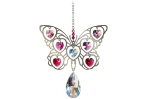 WILD THINGS Crystals & Dreams Pure Radiance - Large Chrome Motif with Coloured Crystal Hearts - Hanging Sun-Catcher Rainbow Maker Mobile - Handmade with Crystal Pendant (Butterfly Fuchsia)