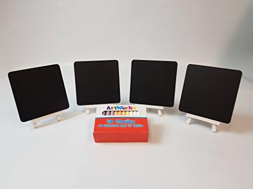 4 X TABLE TOP CHALKBOARDS (12.5cm x 12.5cm) + 4 SHABBY CHIC WHITE WASHED EASELS + A PACK OF CHALK STICKS