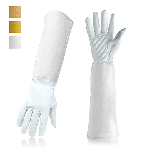 Gardening Gloves Professional Rose Pruning Thorn & Cut Proof with Long Forearm Protection for Women/Men Durable Thick Cowhide Leather Work Garden Gloves (Medium, White)