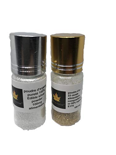 Lote de 100 mg polvo oro 23 carat y 100 mg polvo Plata Pur 100% alimentaria comestible