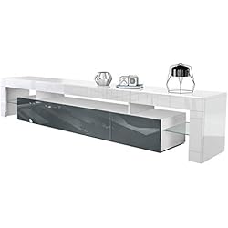 Meuble TV Bas Lima V2, Corps en Blanc/Façades en Gris Haute Brillance