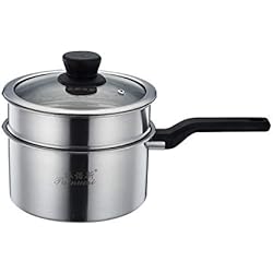 Pot à Lait en Acier Inoxydable épais Anti-brûlure - Couvercle en Verre Transparent - Poignée Unique, Casserole à Lait 16 cm + cuiseur Vapeur