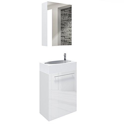 Badmöbel Set 45cm Weiß Hochglanz – MDF Waschtisch + Waschbecken + Spiegelschrank - 5