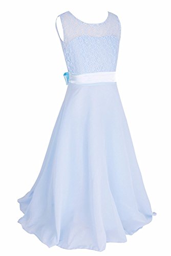 FREEFLY Age 7-14 Girls Lace Long Dress Chiffon Sleeveless Wedding Bridesmaid Party Formal Flower Girl Dress