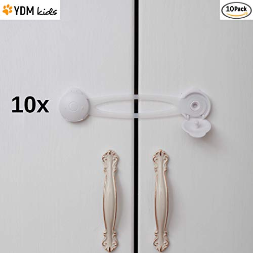 Universale Kindersicherung zum Kleben, 10er Pack für Schränke, Schubladen, Haushaltsgeräte, WC, usw. I transparente Sicherungen mit festem Verschluss, 100% Kindersicher, im Haushalt verwendbar