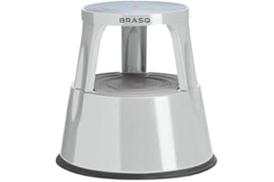 ‎BRASQ BRASQ Tritthocker mit Rollen ST300 Premium, Elefantenfuß, aus robustem und hochwertigem Stahl, mit einklappbaren 3 Rollen, 42 cm hoch, Trittrollhocker grau, belastbar bis 150 kg