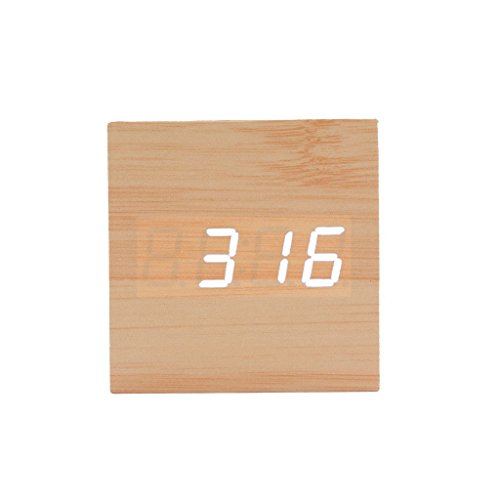 Generic Kantholz LED Alarm Wecker Tischuhr Sprachsteuerung Sensor mit Thermometer Anzeige - Natur + Weiß