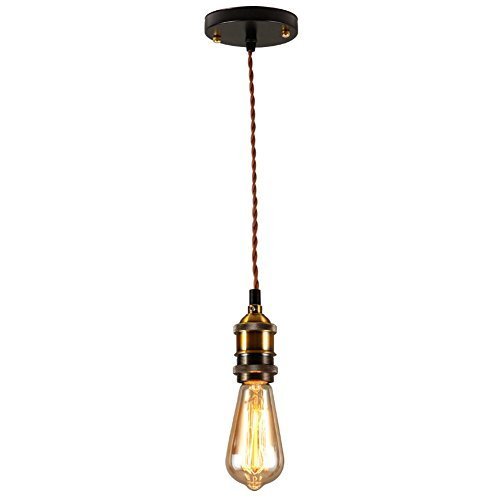 ONEPRE Vintage Retro Hanging Pendant Light Kit with B22 Bayonet Cap, Pendant Light Fitting Set, Brass Lamp Holder, Ceiling Rose, Brown Twisted Fabric Cable