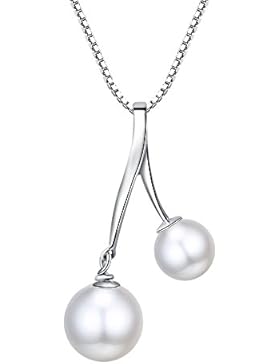 Hals-Kette Damen / Silber-Kette Damen in 925 Silber mit Perlen-Anhänger | Silberne Perlen-Kette für Frau Dame...