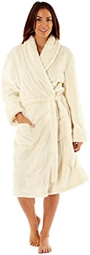 Women’s Shawl Collar Fleece Robe With, Patch Pockets, Self-Fabric Belt. Cream 14/16