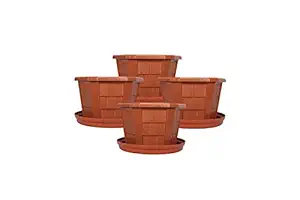 Halsey Hexagonal Modern Design Durable Plastic Plant Pot with Plate Pack of 4 (Brown, Medium)