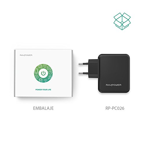 RAVPower Cargador de Pared con 4 Puertos 40W  USB iSmart 2 0  Conector Retr  ctil  Entrada 100-240V  Salida DC 5V   8A M  x  en Total y DC 5V   2 4A m  x  por puerto  - Negro