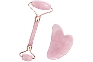 Prettivo Gua Sha and Jade Roller Set - Rose Quartz Massage Tool Kit for Face, Neck and Eyes - Guasha Stone for Self Care - Perfect Gift for Her or Him