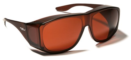 Solarshield wraparound 'Fits-Over' (spectacles) or wear alone sunglasses in Polycarbonate BROWN/AMBER Lens and Frame with soft pouch included free. This colour recommended for sufferers of Macular Degeneration