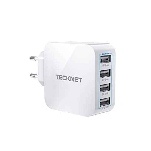 [ Versión Nuevo ] TECKNET Cargador USB Pared Adaptador de Mobile con 4 Puertos, Cargador USB Multipuerto Cargador para Viaje, Compatible con iPhone XR, XS, X, 8, Samsung Galaxy A70, S7, J6, Xiaomi Redmi Note 7 y Más