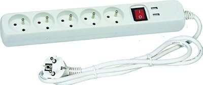 Voltman DIO013038 Bloc multiprises 5 x 10/16 A + 2 ports USB avec interrupteur
