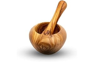 MOHA 24 Mortero con mortero de madera de olivo, hecho a mano con borde natural, mortero de cocina, mortero de madera sostenible (10 cm de diámetro)