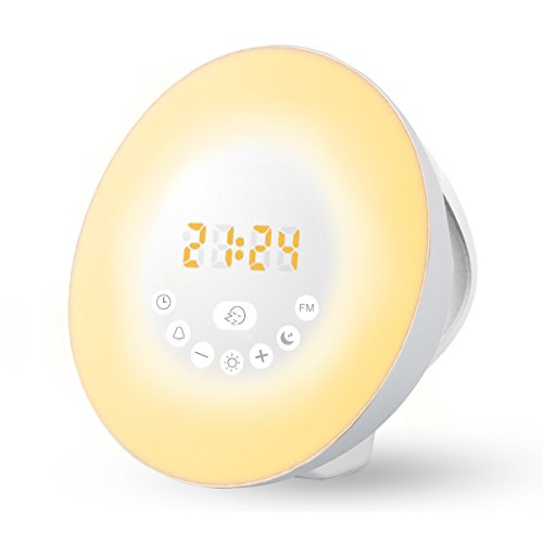 Wake-Up Light, Amteker Sonnenaufgang Simulation Wecker mit FM Radio Natürliche Klänge, 7-Farbige Stimmungslampe, 10 Helligkeiten Nachttischlampe - Touch Control