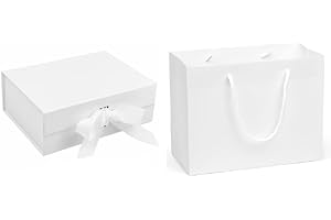 FUN FLORAL FUSIONS Magnetic Gift Box Large Premium Gift Box Box and Ribbon for Gifts, Presents, Weddings, Party, Birthday, Size 31 x 22 x 10cm COME WITH MATCHING GIFT BAG. SIZES VARY (White)