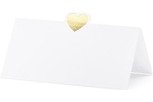 ‎PARTYDECO PartyDeco Tischkarten 10x5cm 10 Stück mit Herz Platzkarten Hochzeit Geburtstag Taufe blanko weiß Gold