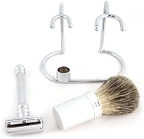 RAZZOOR Safety Razor Set Silver - 3-piece set with safety razor + Badger shaving brush + holder for razor and shaving brush