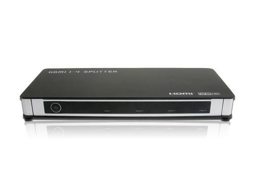 HDGear HSP0104 - 1x4 HDMI Splitter mit integriertem Signalverstärker inkl. Netzteil und Handbuch. 1x HDMI A Buchse (In) auf 4x HDMI A Buchse (Out). Farbe: Schwarz / Silber.