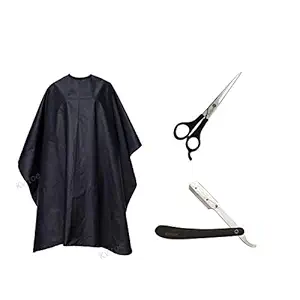 Kvitoe Combo of Hair Cutting Scissors With Beard Shaving Razor And Hair Cutting Sheet Cape Apron For Boys And Men For Salon Barber Use Multicolor