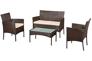 Buyer Empire Rattan Garden Furniture Set Heavy Duty Glass Coffee Table Chair Sofa 4 Piece Family lawn Indoor/Outdoor Lounge, Poolside, Garden, Balcony Conservatory Furniture (Brown)