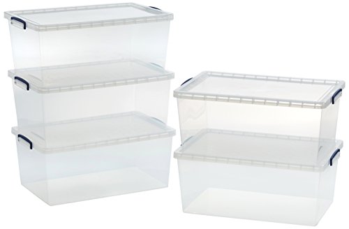 AmazonBasics - Aufbewahrungsboxen aus Kunststoff, transparent, mit Deckeln, 62 l, 5er-Pack