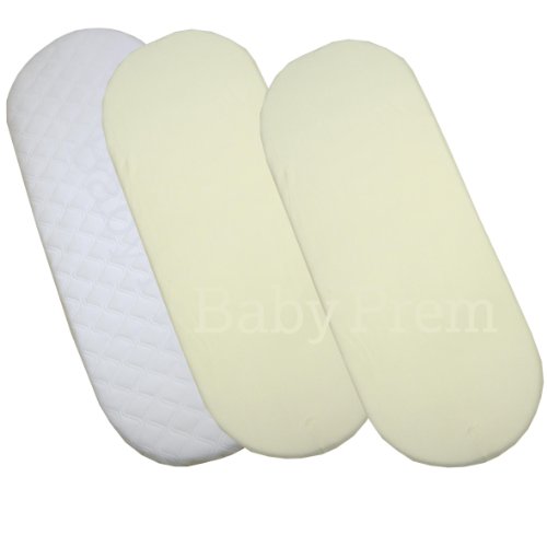 BabyPrem Baby Moses Bassinet Quilted Mattress & 2 Fitted Sheets 77 x 38cm CREAM