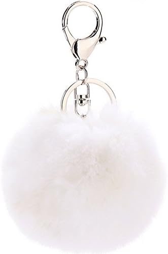 Cinoyoni Silver Ring Faux Fox Fur Pom Pom Keychain Bag Purse Charm Fluffy Fur Ball (White)