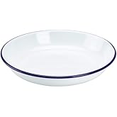 Premium Quality Traditional Enamel White Blue Trim Rice Pasta Plate, Bowl, Dinnerware - Round Pie, Soup, Mixing, Deep Dish Ta
