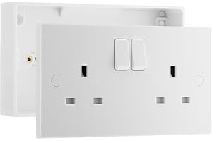 BRITISH GENERAL BG Electrical Double Switched Power Plug Wall Socket and 32mm Surface Mounted Back Box, 2 Gang Pattress Box, Square Edge, Nexus 900 Series, White Moulded, IP20, 13A, 922/902